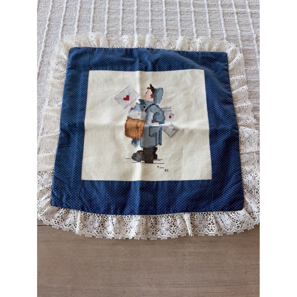 Vintage 1982 Handmade Cross Stitch Mailman Pillow Cover Lace Polka Dot 12x12